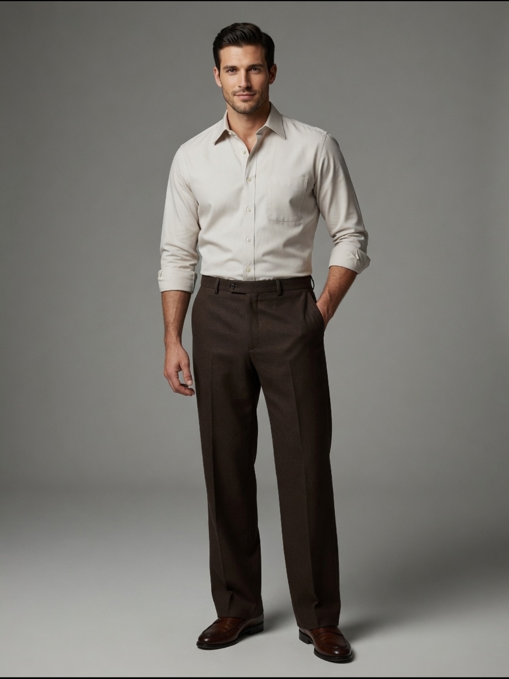 Eton Beige Dress Shirt with Dark Brown Trousers